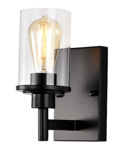 Single Sconce Light, Matte Black w/ Cylindrical Glass